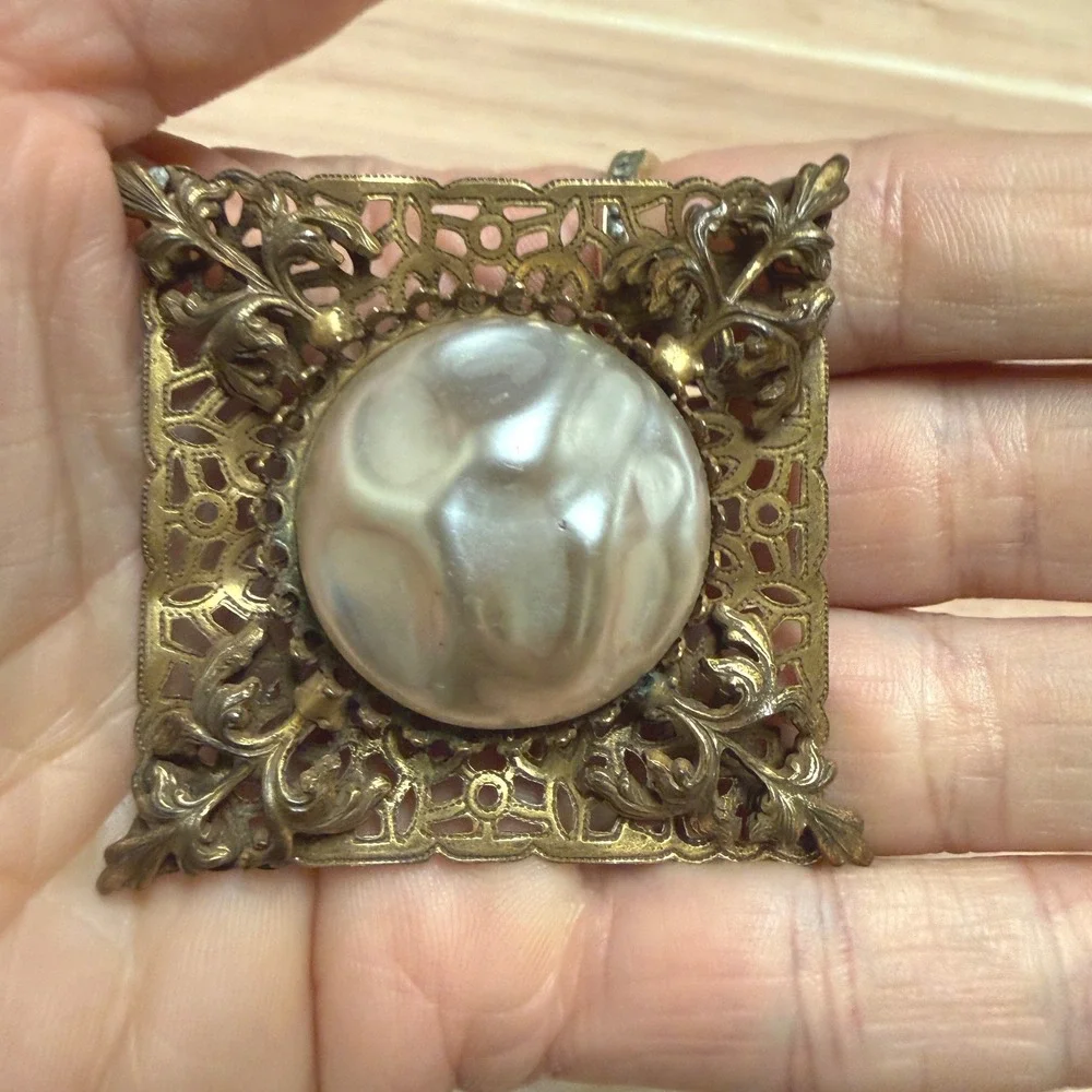 Vtg Brass Filigree Square Brooch Large Faux Pearl Victorian Revival Gold Tone